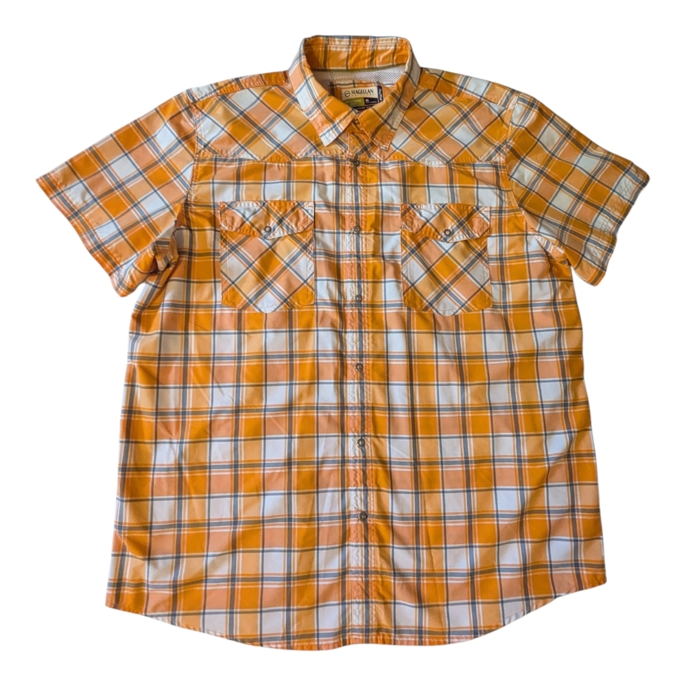 Magellan Adventure Gear Loose Fit Mag Wick Orange Plaid Caped Vented Snap Shirt